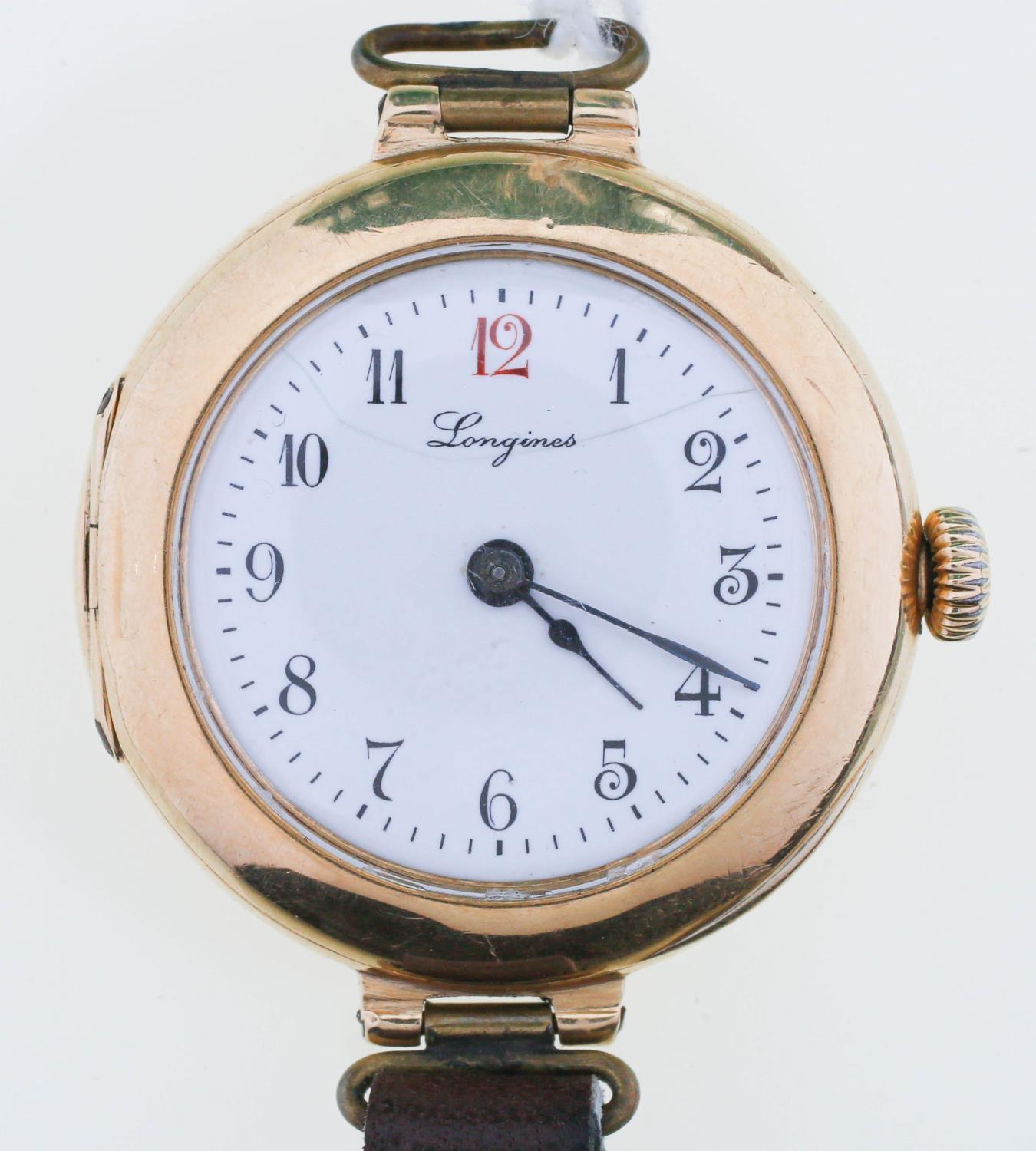 A 18CT GOLD LONGINES LADY'S WRISTWATCH, C1920,  WITH ENAMEL DIAL AND GOLD CUVETTE, 29MM, SWISS - Image 2 of 4