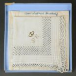 ROYAL. A SILK HANDKERCHIEF OF QUEEN VICTORIA, WORKED IN WHITE AND BLACK SILK WITH CROWN AND VR TO