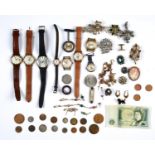 MISCELLANEOUS VINTAGE AND MODERN COSTUME JEWELLERY, WRISTWATCHES, COINS, ETC Mostly in good