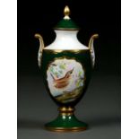 A CAVERSWALL GREEN GROUND  VASE AND COVER, PAINTED BY W R TIPTON, SIGNED, WITH AN WREN ON A