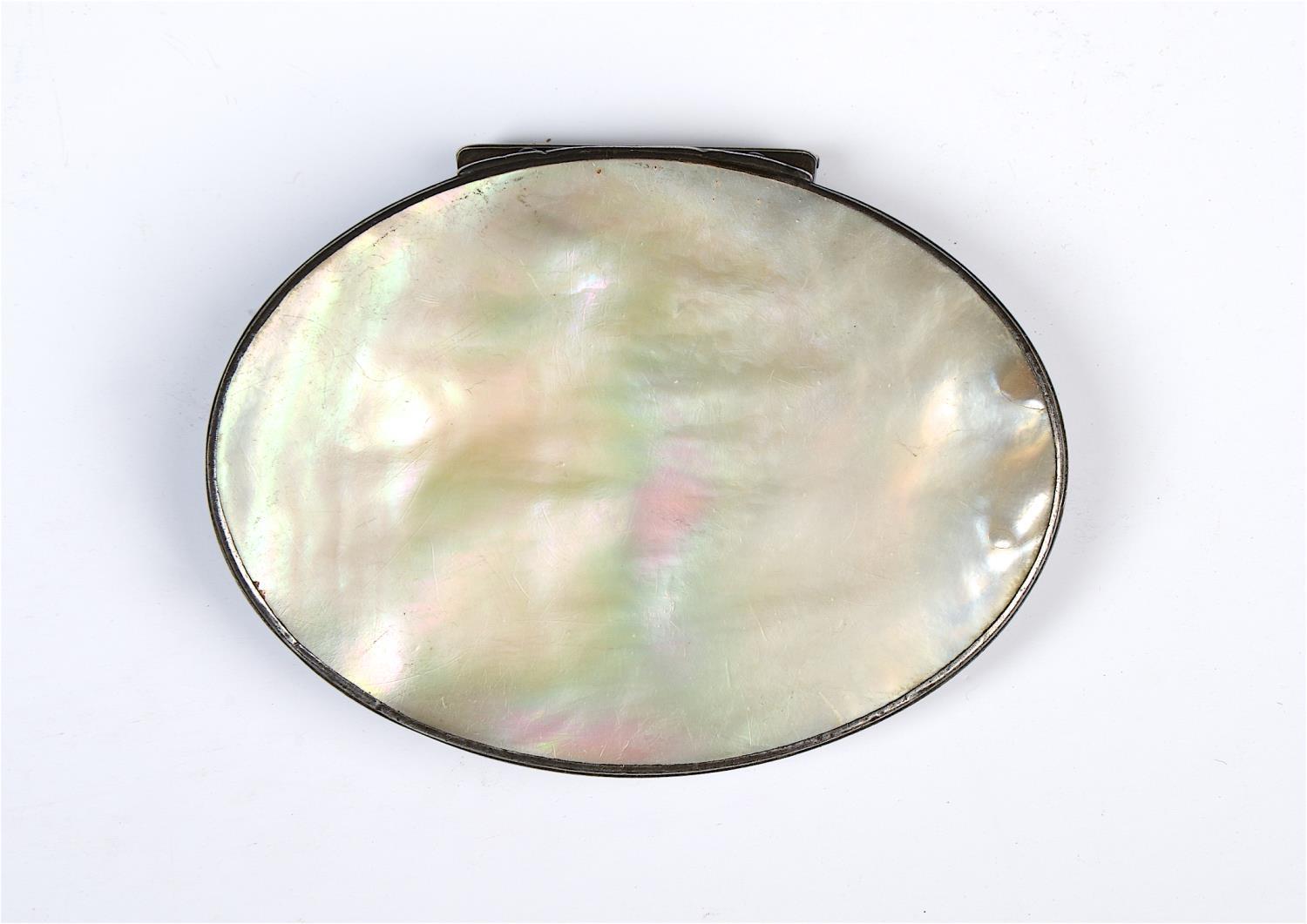 AN OVAL SILVER SNUFF BOX WITH MOTHER OF PEARL INSET LID AND STAND-AWAY HINGE, POSSIBLY ENGLISH, 18TH