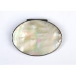 AN OVAL SILVER SNUFF BOX WITH MOTHER OF PEARL INSET LID AND STAND-AWAY HINGE, POSSIBLY ENGLISH, 18TH