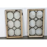 A PAIR OF WOODEN FRAMED LEADED WINDOWS, EACH WITH PAIR OF SQUARES AND SIX OCTAGONAL QUARRIES, 88 X