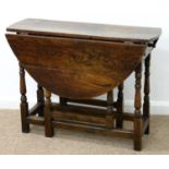 AN OAK GATELEG TABLE, MID 18TH C, THE DROP LEAF TOP FITTED WITH A DRAWER, ON SLENDER BALUSTER LEGS