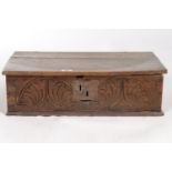 A CHARLES II BOARDED OAK BOX, LATE 17TH C, THE FRONT CARVED WITH TWO LUNETTES, IRON LOCKPLATE, 16CM