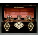A VICTORIAN MARBLE WOOD SCENT CASKET, C1870, WITH COFFERED LID, THE STUDDED BRASS STRAPWORK AND