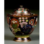 A JAPANESE HEXAGONAL CLOISONNÉ ENAMEL KORO AND COVER, MEIJI PERIOD, DECORATED WITH FLOWERS AND