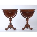 A PAIR OF REPRODUCTION HARDWOOD WORK TABLES IN VICTORIAN STYLE, THE HINGED RECTANGULAR TOPS
