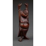 A JAPANESE CARVED AND STAINED WOOD NETSUKE OF HOTEI WITH ARMS UPRAISED, 20TH C, 10CM H Good