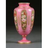 A FRENCH ENAMELLED GLASS VASE, C1870, OF OPAL GLASS CASED IN SHADED PINK AND ENAMELLED IN UPRIGHT