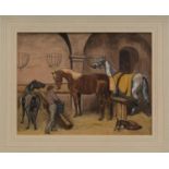 VICTORIAN SCHOOL - STABLE INTERIOR WITH THREE HORSES, STABLE BOY AND DOG, WATERCOLOUR, 13.5 X