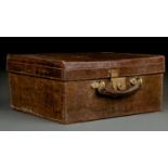 A VINTAGE BROWN CROCODILE HIDE DRESSING CASE, WITH GREEN SILK LINED INTERIOR, MISSING FITTINGS,