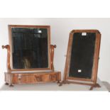 A MAHOGANY TOILET MIRROR, MID 19TH C, THE SQUARE PLATE ON PAIR OF S-SCROLL SUPPORTS, THE BASE FITTED