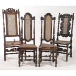 A PAIR OF 17TH C STYLE CANED HIGH BACK CHAIRS, LATE 19TH C, THE ARCHED SCROLLING BACKS WITH CANED