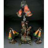 A REPRODUCTION RESIN FIGURAL LAMP, IN 19TH C STYLE, MODELLED AS FEMALE AND INFANT BEFORE A TRIPLE