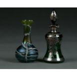 A JUGENDSTIL BOHEMIAN IRRIDESCENT AND TRAILED GLASS VASE,   15CM H AND A SILVER OVERLAID GREEN GLASS