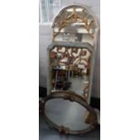TWO AND A SET OF THREE POLYCHROME OR GILT AND SILVERED MIRRORS, 143CM H AND SMALLER Good condition