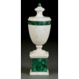 A NEO CLASSICAL STYLE MALACHITE AND MARBLE URN, 20TH C, 39CM H Some accretion of dust and dirt and