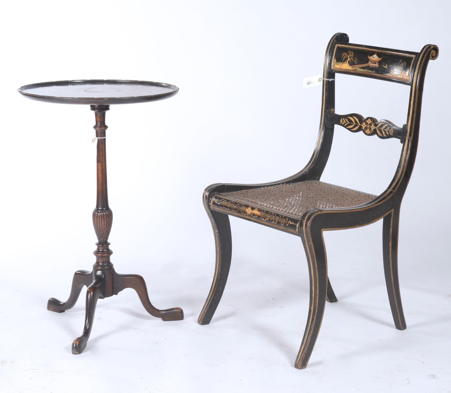 A REGENCY JAPANNED DINING CHAIR, C1820, ON SABRE LEGS WITH CANED SEAT, SEAT HEIGHT 40CM, AND A