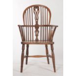A MID 19TH C YEW WOOD HIGH BACK WINDSOR ELBOW CHAIR, WITH PIERCED SPLAT, ELM SEAT AND YEW LEGS