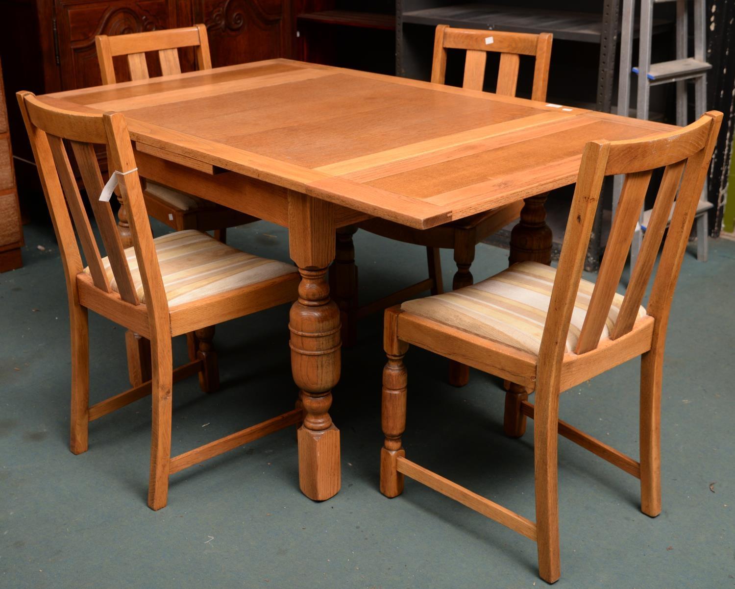 A LIGHT OAK DRAW LEAF TABLE AND A SET OF FOUR CHAIRS, TABLE 74CM H; 91 X 91CM Good clean solid