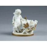 A MOORE BROTHERS BONE CHINA FIGURE OF PUTTO, C1880-90, A BUTTERFLY ON HIS HAND, SEATED BESIDE A