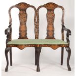 A DUTCH WALNUT AND MARQUETRY TWIN CHAIR BACK SETTEE, 19TH C, THE DOUBLE SPOON BACK DECORATED WITH