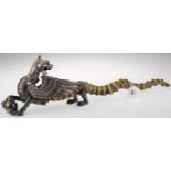 AN EDWARDIAN EPNS AND RAM'S HORN HANDLED DRAGON CIGAR LIGHTER, C1905-10, 52CM L, MARKED RD NO