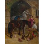 ENGLISH SCHOOL, 1Q909 - HORSES IN WINTER, SIGNED WITH INITIALS MMG AND DATED, OIL ON CANVAS BOARD,