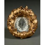 A  VICTORIAN MINIATURE GILTWOOD  OAK LEAVES AND ACORNS MIRROR, C1850, THE ORIGINAL PLATE ENGRAVED TO