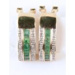A PAIR OF EMERALD AND DIAMOND EAR CLIPS IN 9CT GOLD, 18MM, 4.2G Good condition