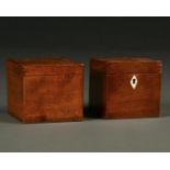 A GEORGE III MAHOGANY TEA CADDY, C1800, 10CM H AND ANOTHER WITH FIGURED VENEER SQUARE TO LID (2)