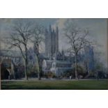 NOEL HARRY LEAVER (1889 - 1951) - CANTERBURY CATHEDRAL FROM THE NORTH EAST, SIGNED, WATERCOLOUR,