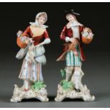 A PAIR OF SITZENDORF FIGURES OF A YOUTH AND GIRL WITH FLOWERS AND GAME, 20TH C 19CM H, PRINTED