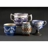 A VICTORIAN INSCRIBED FLOW BLUE PRINTED EARTHENWARE LOVING CUP WITH CONTEMPORARY PEWTER