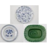 A BRAMELD GREEN GLAZED BASKET MOULDED DESSERT DISH AND TWO PLATES, C1815-42, THE PEARLWARE PLATE