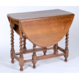 AN OAK GATELEG OVAL DINING TABLE ON BARLEY TURNED LEGS WITH STRETCHERS, 90CM W Generally good,