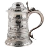 A GEORGE III SILVER TANKARD, LATER CHASED  WITH A CONTINUOUS RURAL LANDSCAPE WITH SHEEP, RIVER AND
