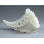 A BELLEEK HORN SHAPED SHAMROCK VASE, EARLY 21ST C, 28CM L, PRINTED MARK Good condition