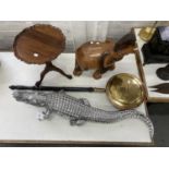 A CARVED WOOD MODEL OF AN ELEPHANT, MINIATURE TABLE, COPPER AND BRASS WARMING PAN AND ORNAMENTAL