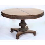 AN ANGLO-INDIAN ROSEWOOD BREAKFAST TABLE, C1850, THE ROUND TOP WITH CARVED LIP AND FOLIATE FRIEZE