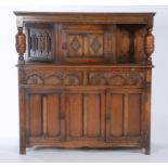 A REPRODUCTION OAK COURT CUPBOARD IN LATE 17TH C STYLE, LINENFOLD, LOZENGE AND ARCADE CARVED,