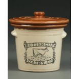 AN A. W. BUCHAN PORTOBELLO SALTGLAZED BROWN STONEWARE 5LB BUTTER CROCK AND COVER FOR THE BUTTERCUP