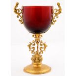 A GERMAN MANNERIST STYLE GILTMETAL MOUNTED RUBY GLASS CUP, LATE 19TH C, IN 16TH C STYLE, WITH
