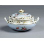 A BLOOR  DERBY TWO HANDLED COMPRESSED GOBULAR DISH AND COVER, THE BODY PAINTED WITH FLORAL SPRAYS ON