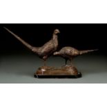 A REPRODUCTION BRONZED METAL ANIMALIER GROUP OF PHEASANTS, 20TH C, ON RUSTIC CANTED RECTANGULAR BASE