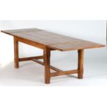 AN OAK REFECTORY TABLE, MODERN, TRIPLE PANELLED TOP WITH PAIR OF ADDITIONAL LEAVES TO EACH END, ON