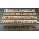 FOUR CAST IRON FLOOR GRILLES  PIERCED WITH STYLISED SCROLLS AND LOZENGES, 91 X 10CM, CREAM PAINTED
