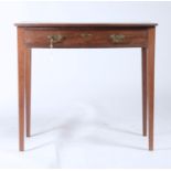 A GEORGE III  BOW FRONTED MAHOGANY SIDE TABLE, EARLY 19TH C, ON SQUARE TAPERED LEGS, 76CM H; 53 X