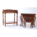 A NEST OF FOUR REPRODUCTION MAHOGANY TABLES, FOLIATE CARVED, 75CM W AND SMALLER, TOGETHER WITH A